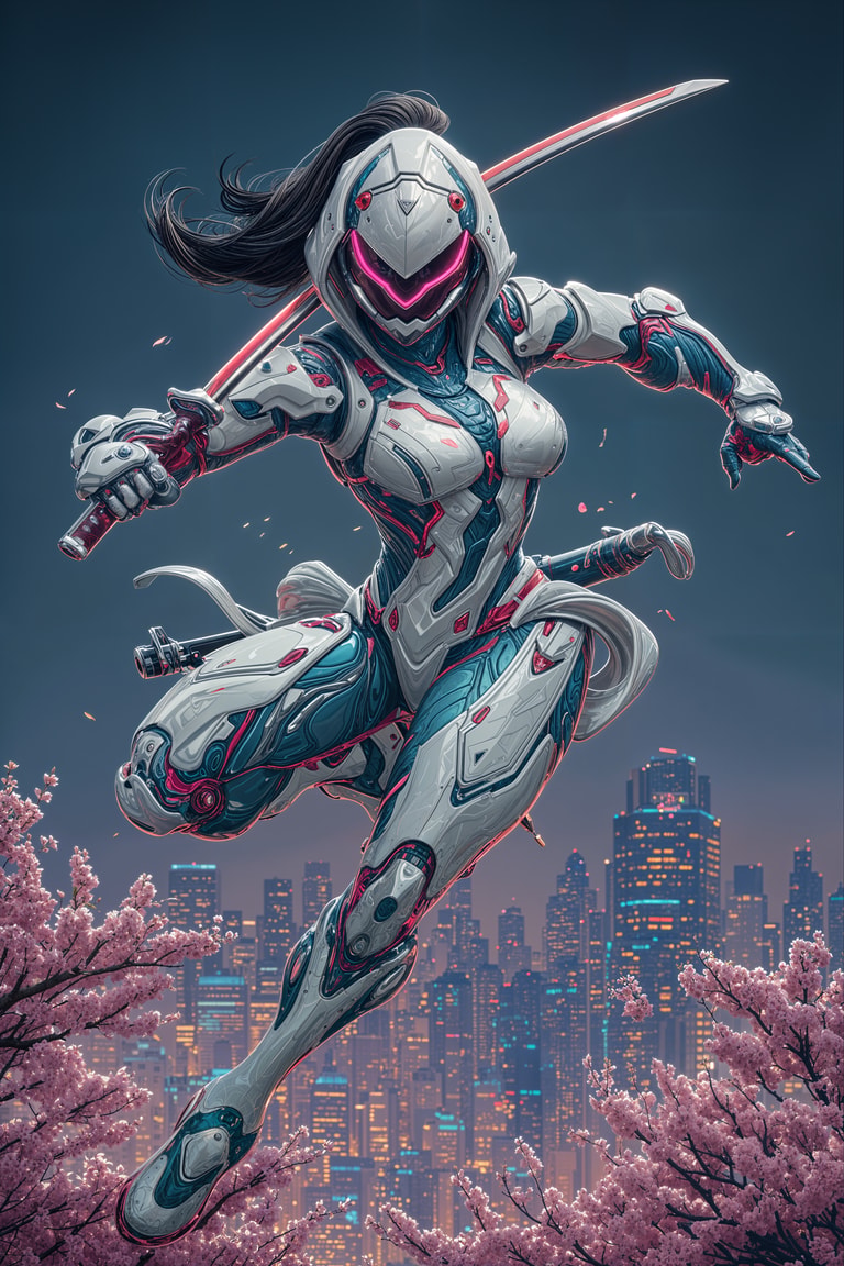 Neon Exosuit Warrior Leaps Forward