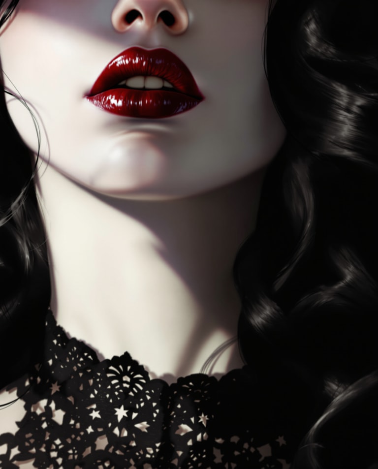 Crimson Gloss in Shadowed Lace