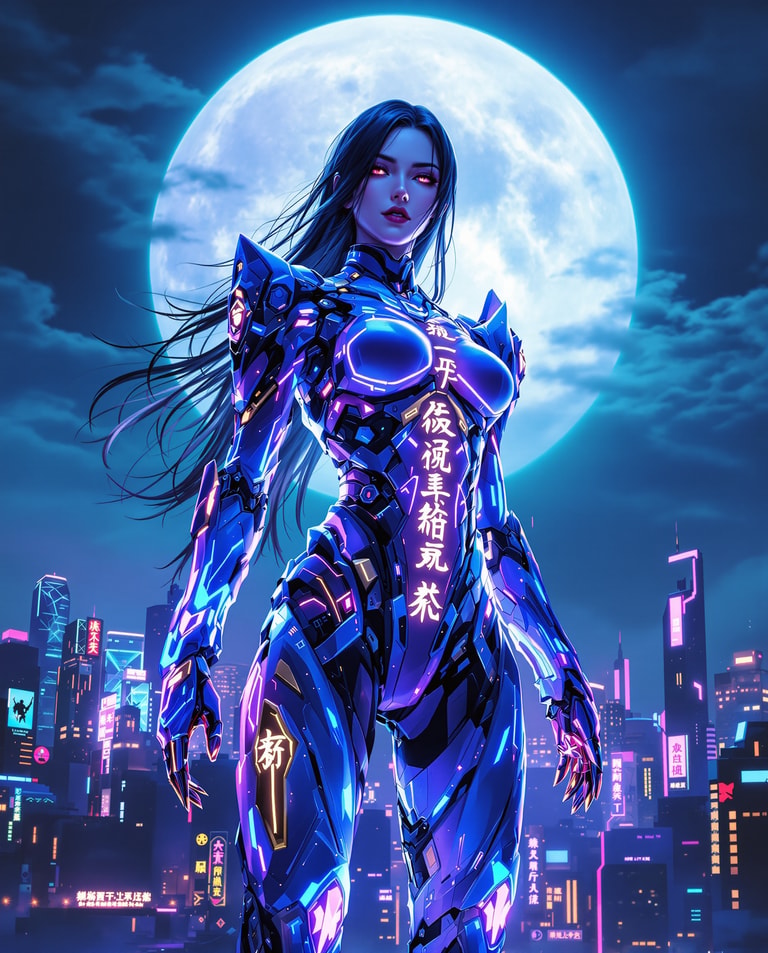 Neon Warrior Beneath Lunar Glow