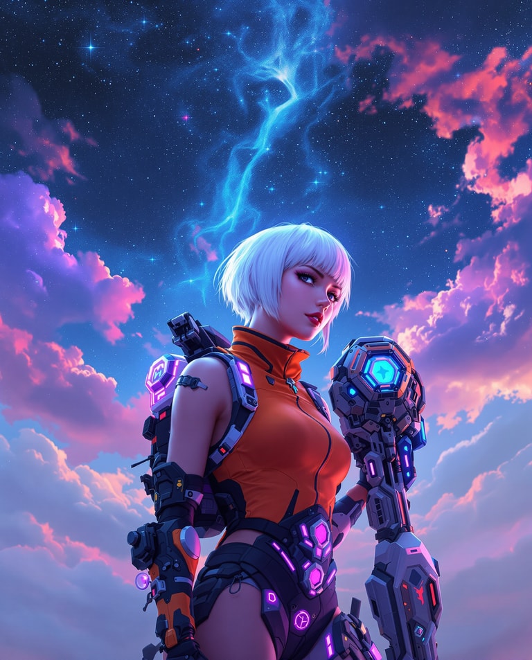 Cyberpunk Sentinel Beneath Electric Skies