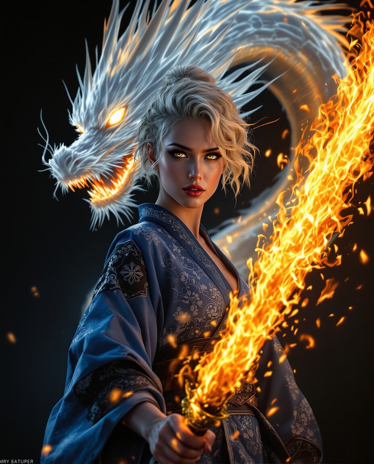 Dragonfire Warrior in Blue Kimono