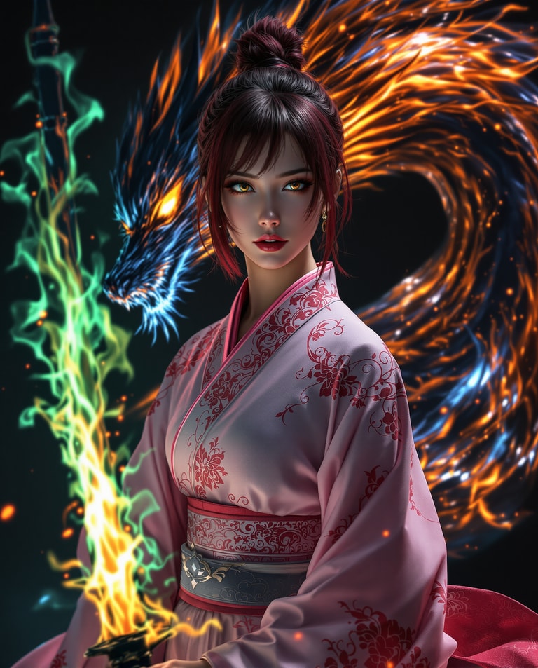 Warrior Maiden and Flaming Dragon