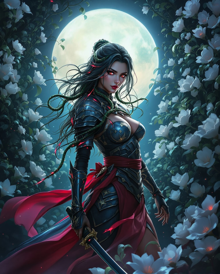 Serpent Warrior in Moonlit Bloom
