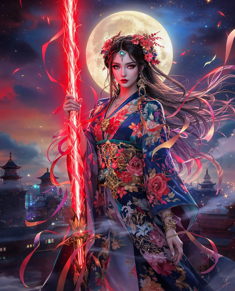 Crimson Blade Priestess Under Moonlight
