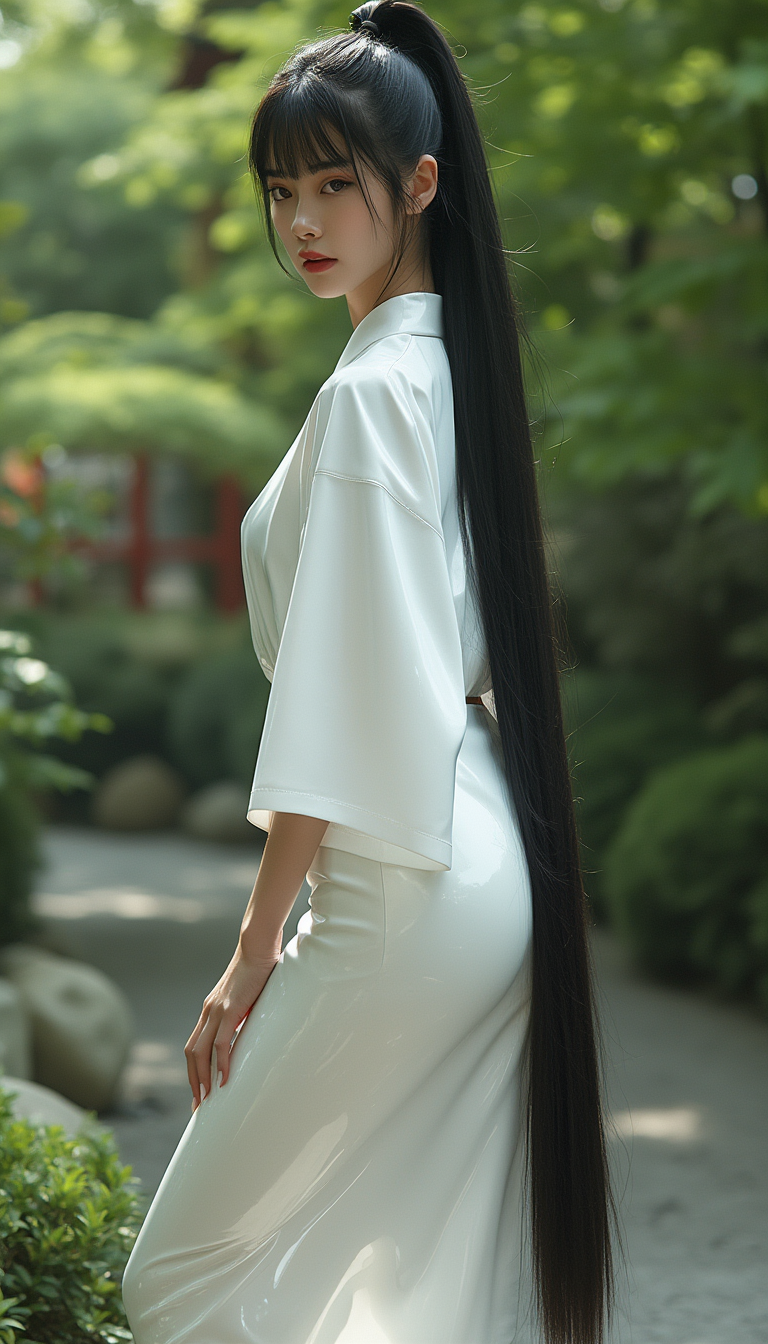 Glossy White Yukata in Shrine Garden