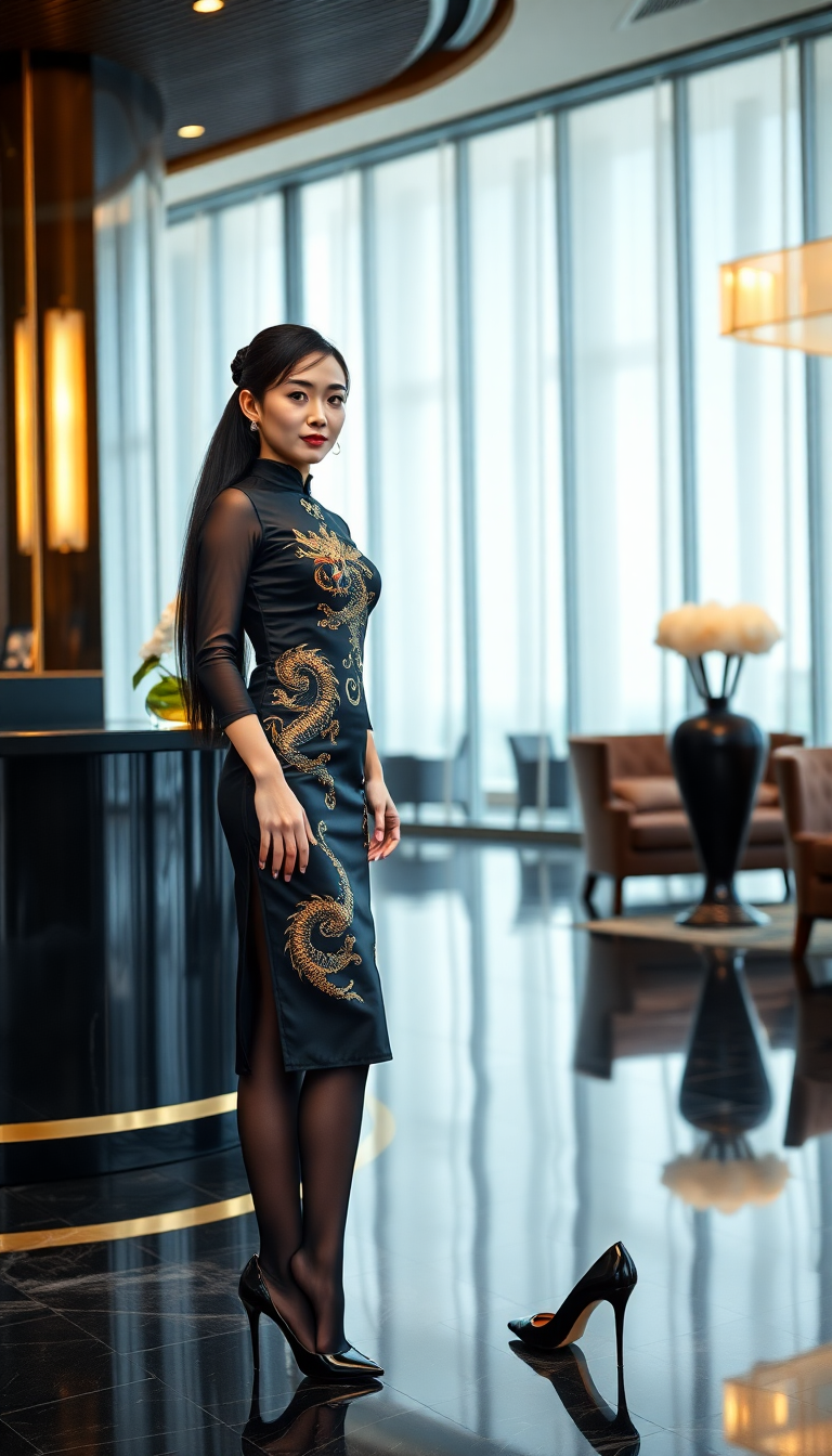 Dragon Qipao in Luminous Lobby
