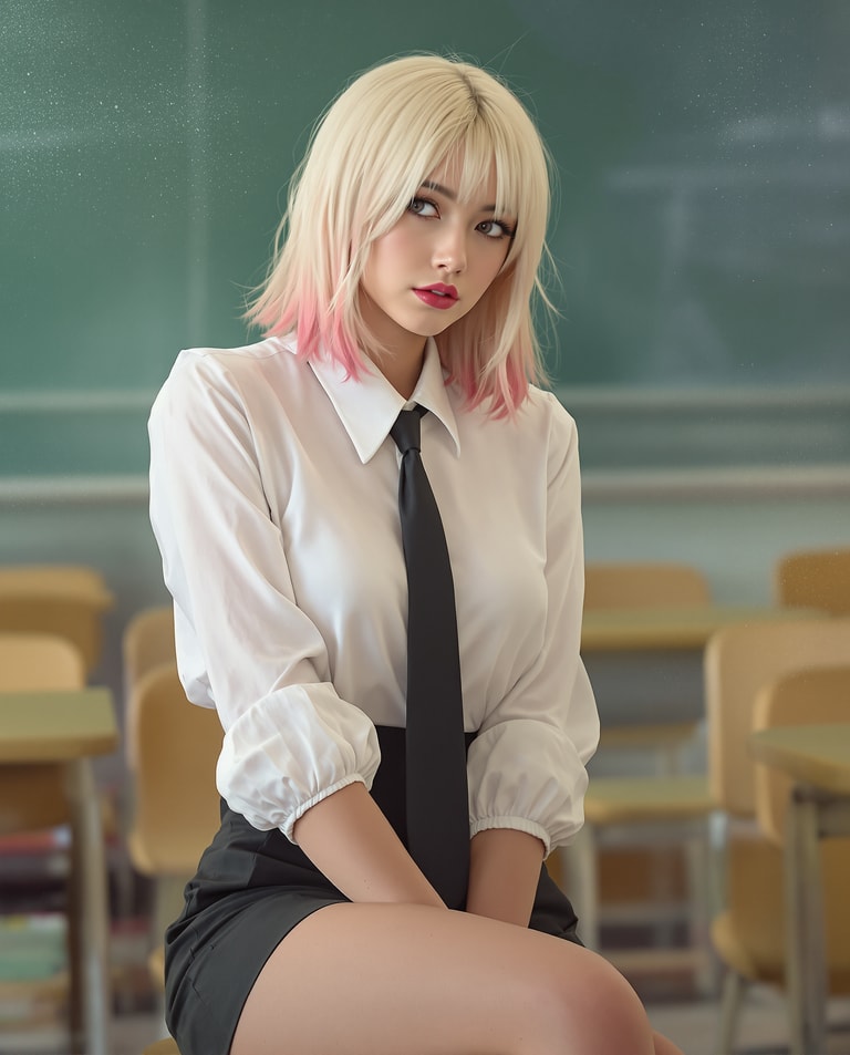 Contemplative Schoolgirl with Pink Streaks