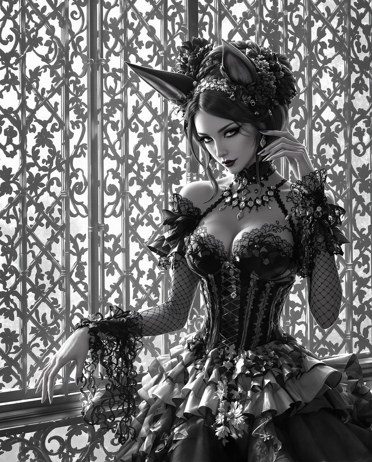 Gothic Fox Muse at Lattice Window