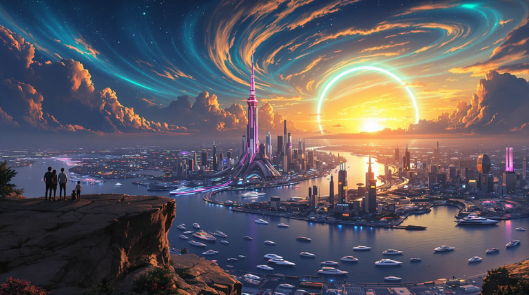 Neon Spire Under Celestial Arc