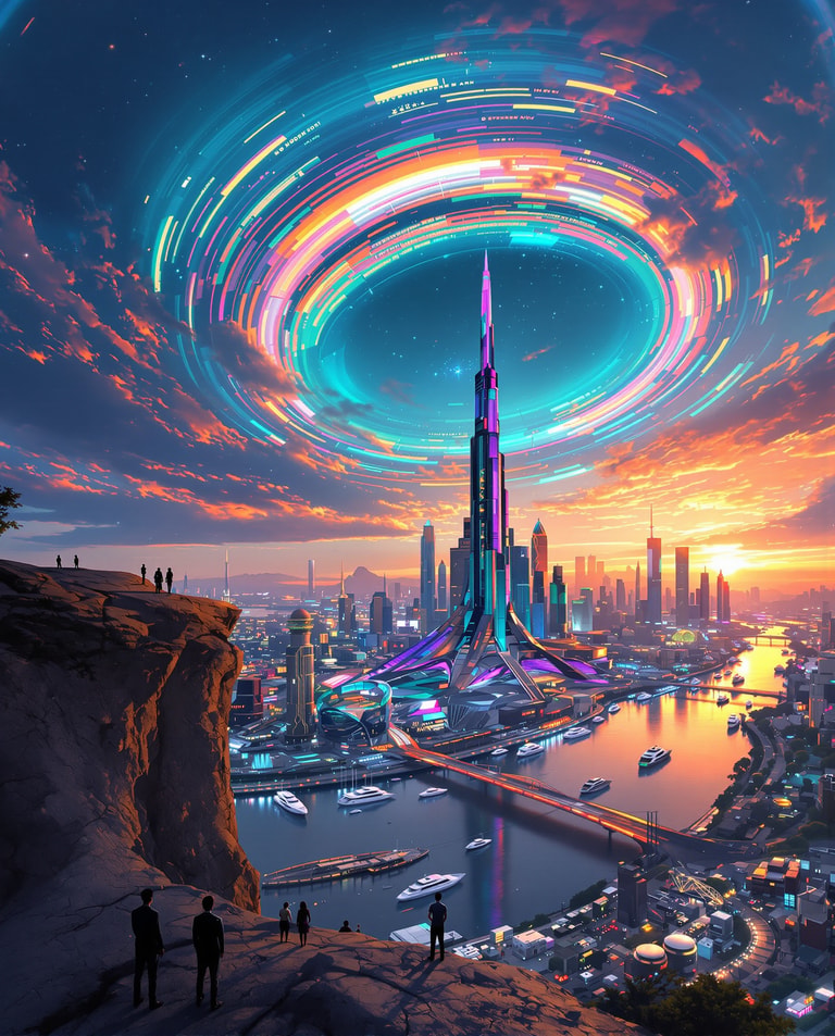Cosmic Ring Over Neon Metropolis