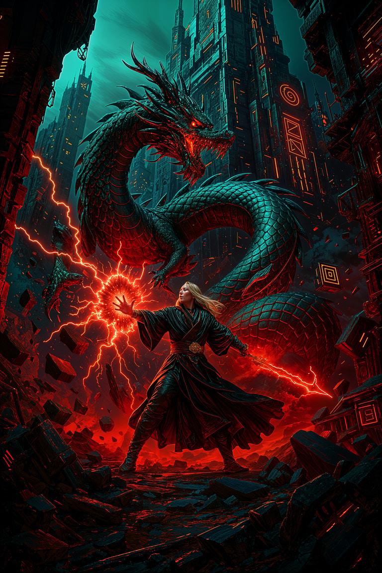 Sorceress Defies Neon Dragon's Wrath
