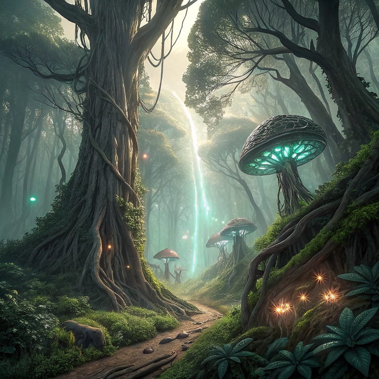Bioluminescent Grove Under Ancient Canopy