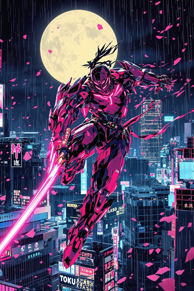 Neon Katana Warrior Leaps Moonward