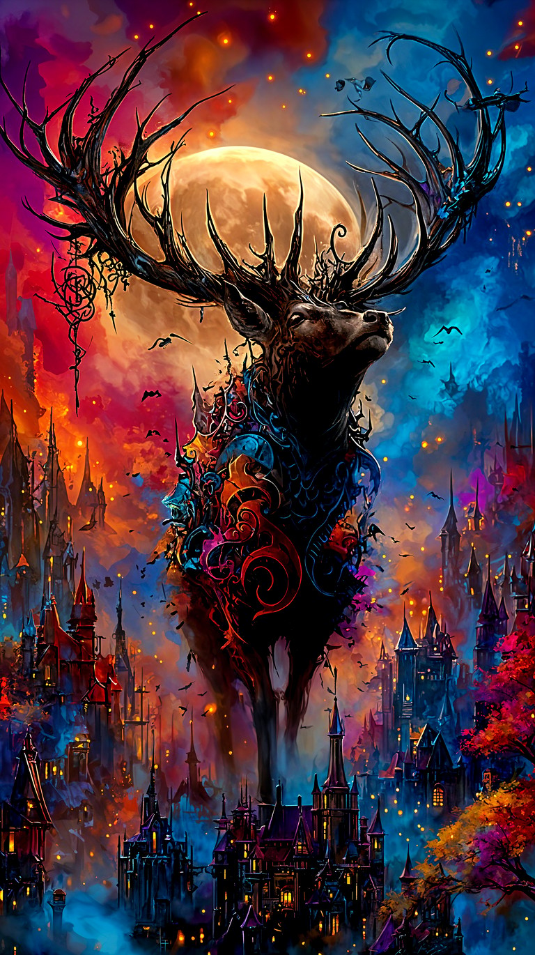 Ethereal Stag Over Crimson Twilight