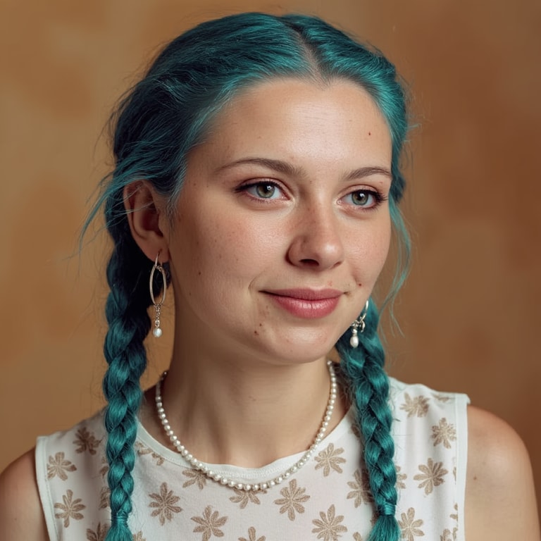 Teal Braids and Quiet Pearls
