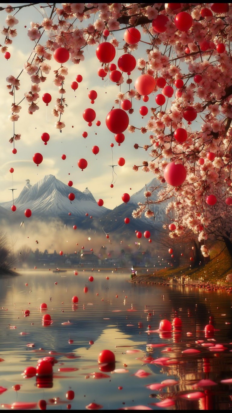 Crimson Orbs in Sakura Dawn