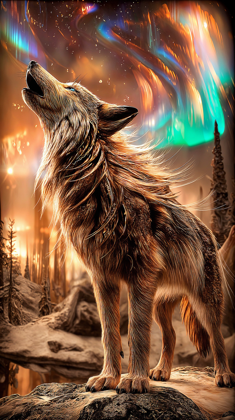 Wolf's Call Under Aurora Flames