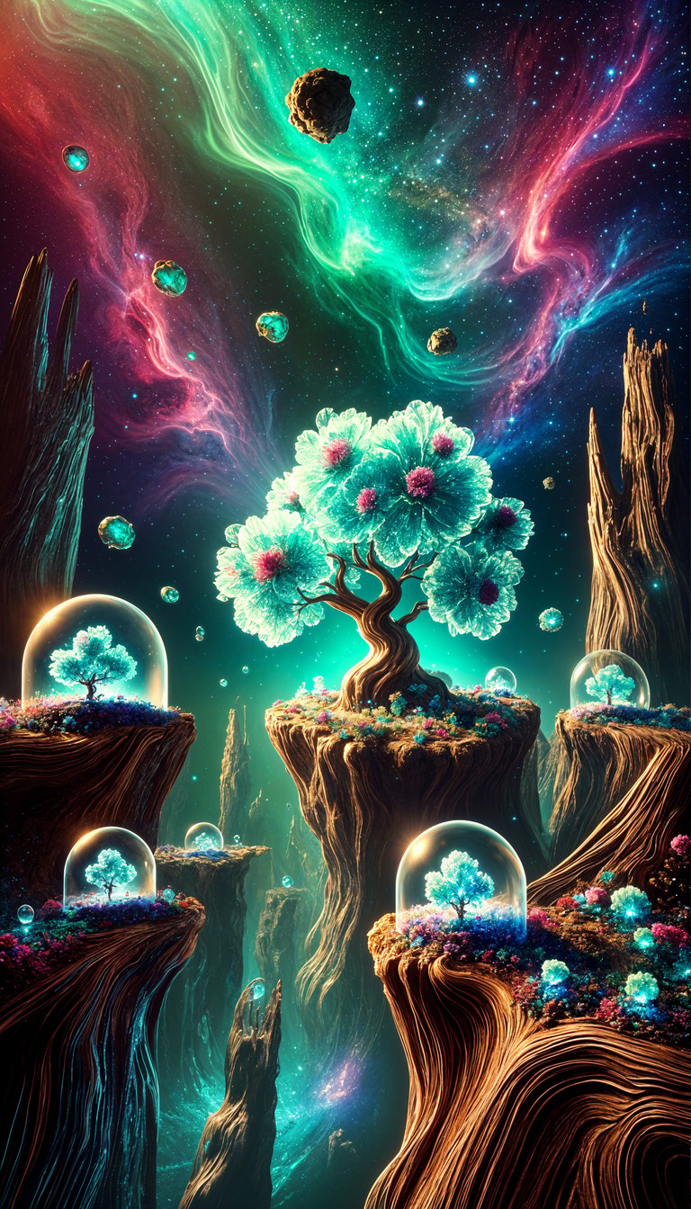 Cosmic Tree Amid Floating Islands
