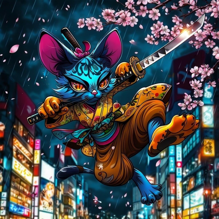 Neon Samurai Cat Leaps Amid Blossoms