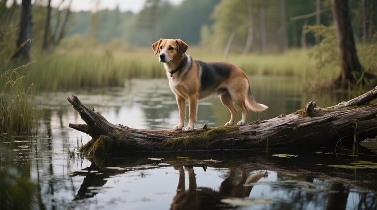 Dog Poised on Mossy Log
