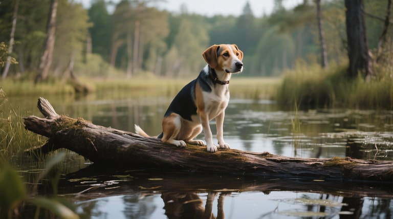 Beagle Perched on Mossy Log