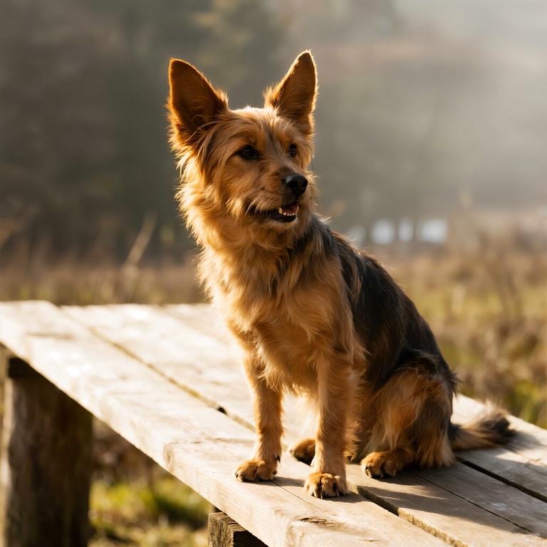 Sunlit Terrier on Weathered Bench