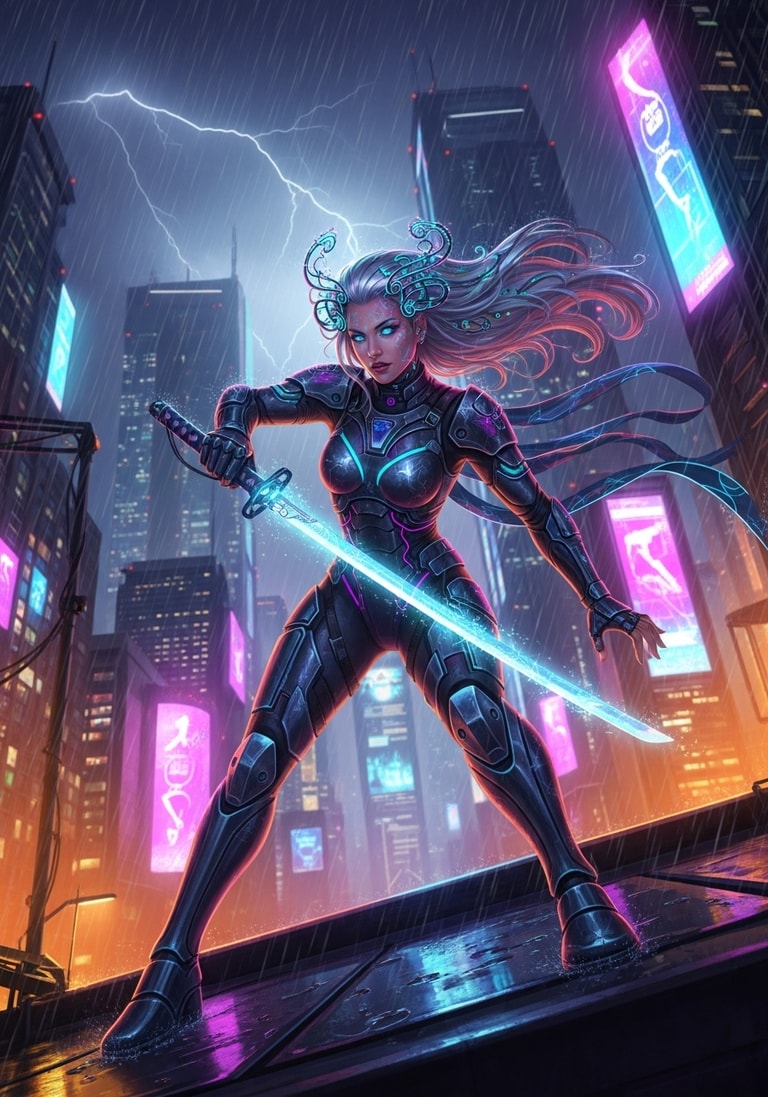 Neon Katana in Electric Storm