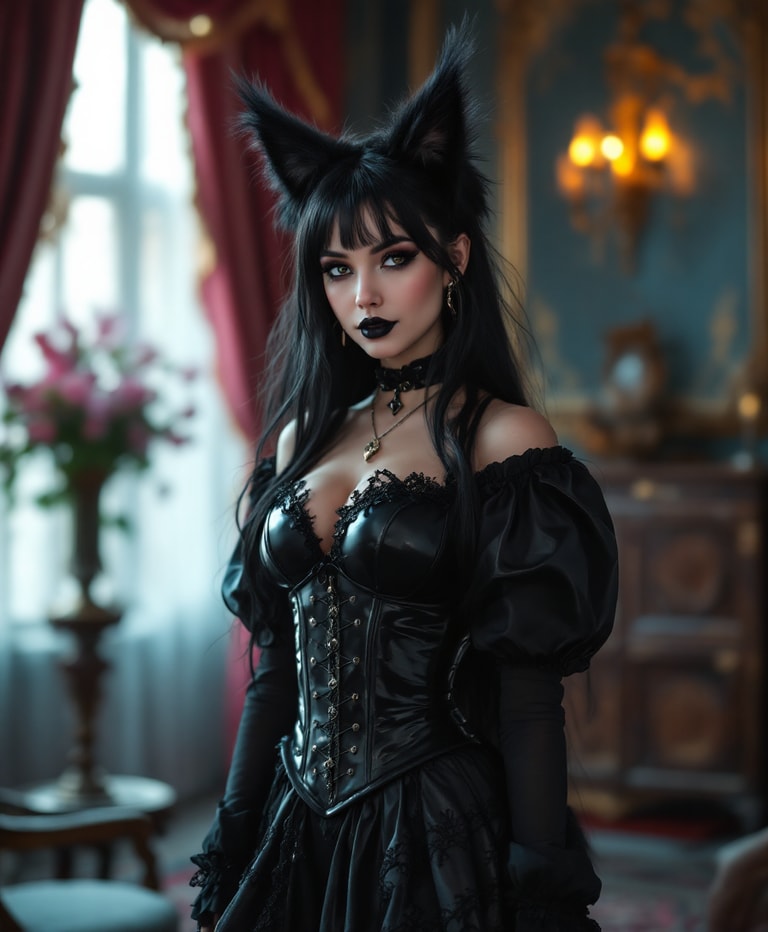 Gothic Catgirl in Velvet Parlor