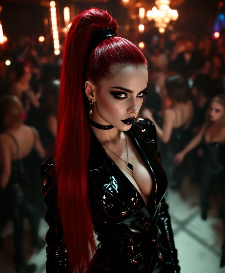 Crimson Ponytail in Latex Nightclub