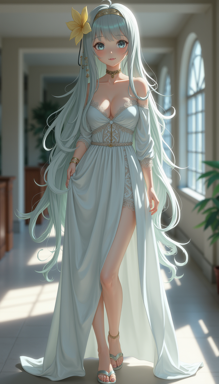 Ethereal Maiden in Sunlit Corridor