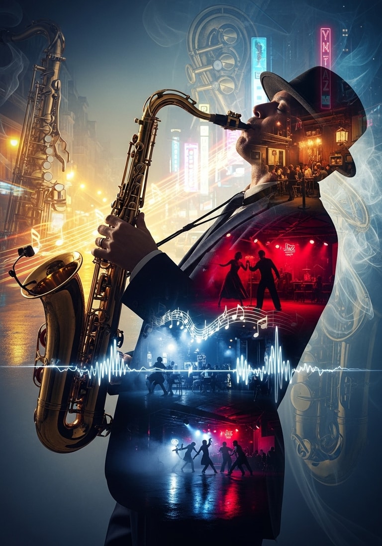 Saxophone Silhouette in Neon Jazz