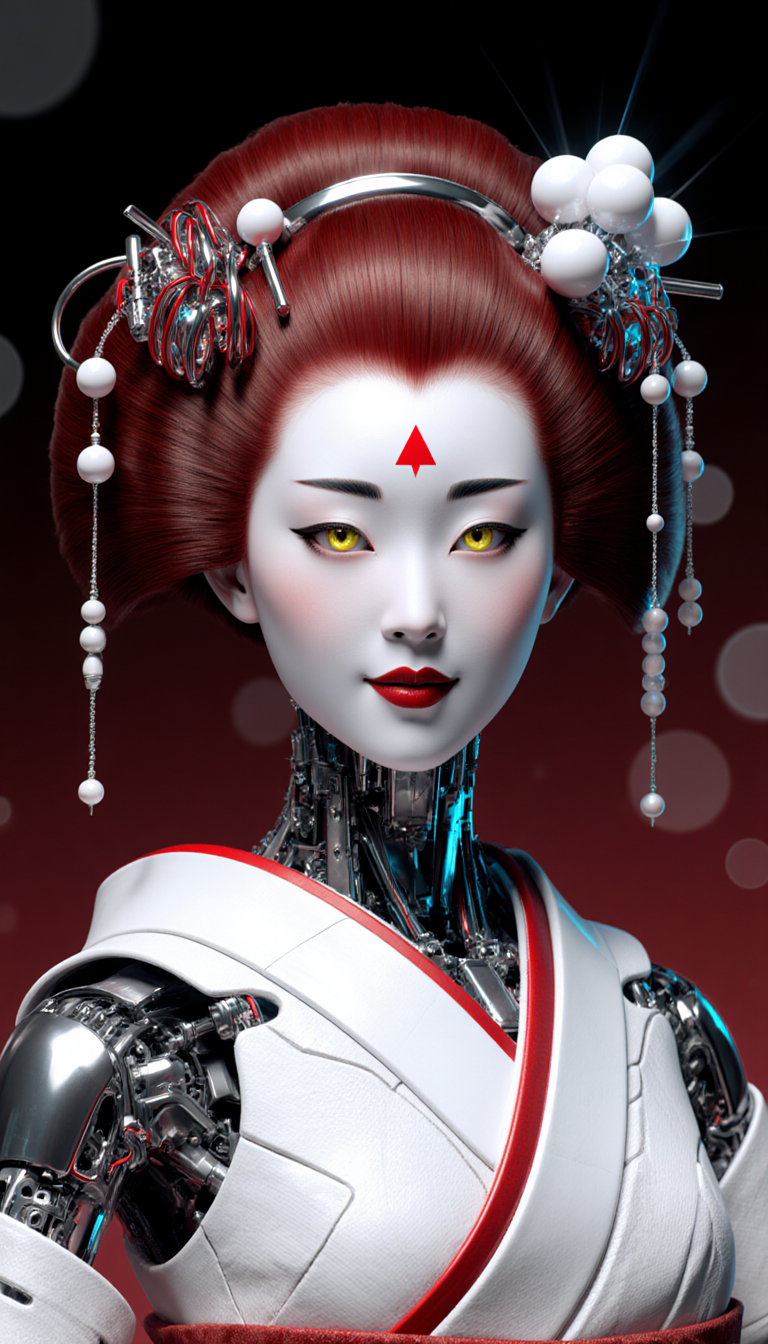 Crimson Robotic Geisha Portrait