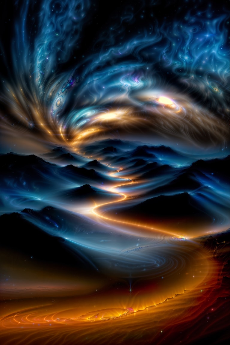 Celestial Path Through Nebula Mountains