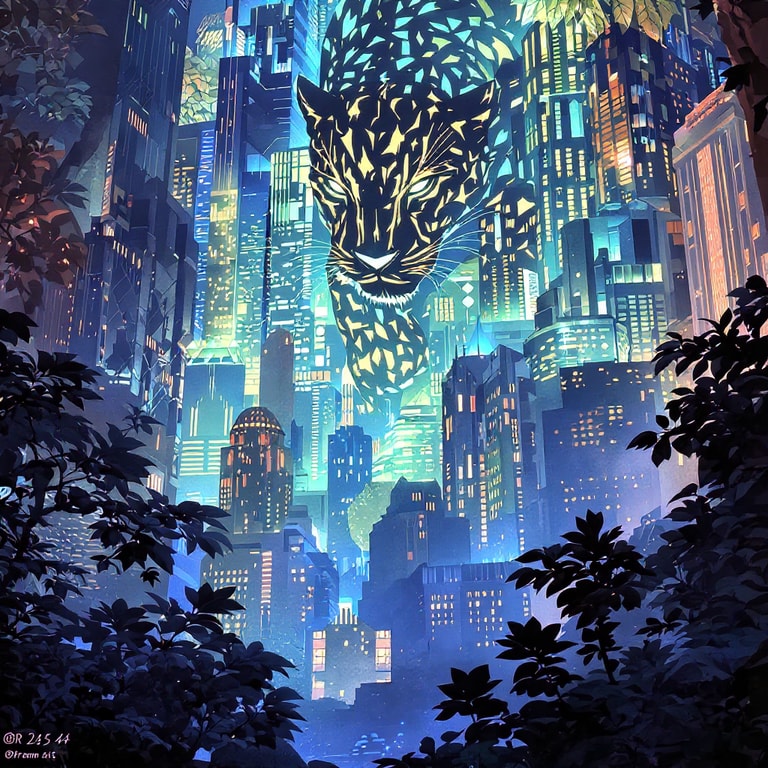Neon Jaguar Over Fractured Spires