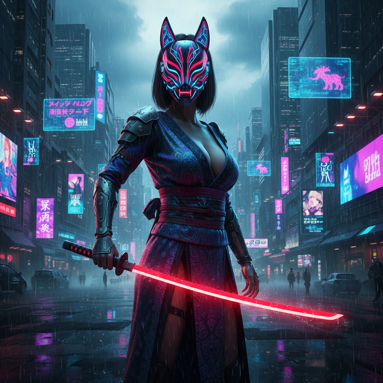 Neon Kitsune Samurai in Rain