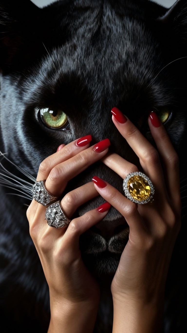 Panther's Gaze Behind Jeweled Hands