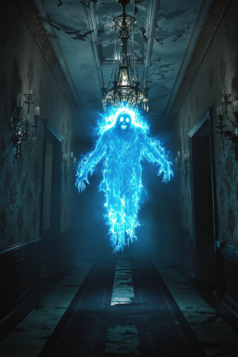 Blue Wraith Haunts Decaying Hallway