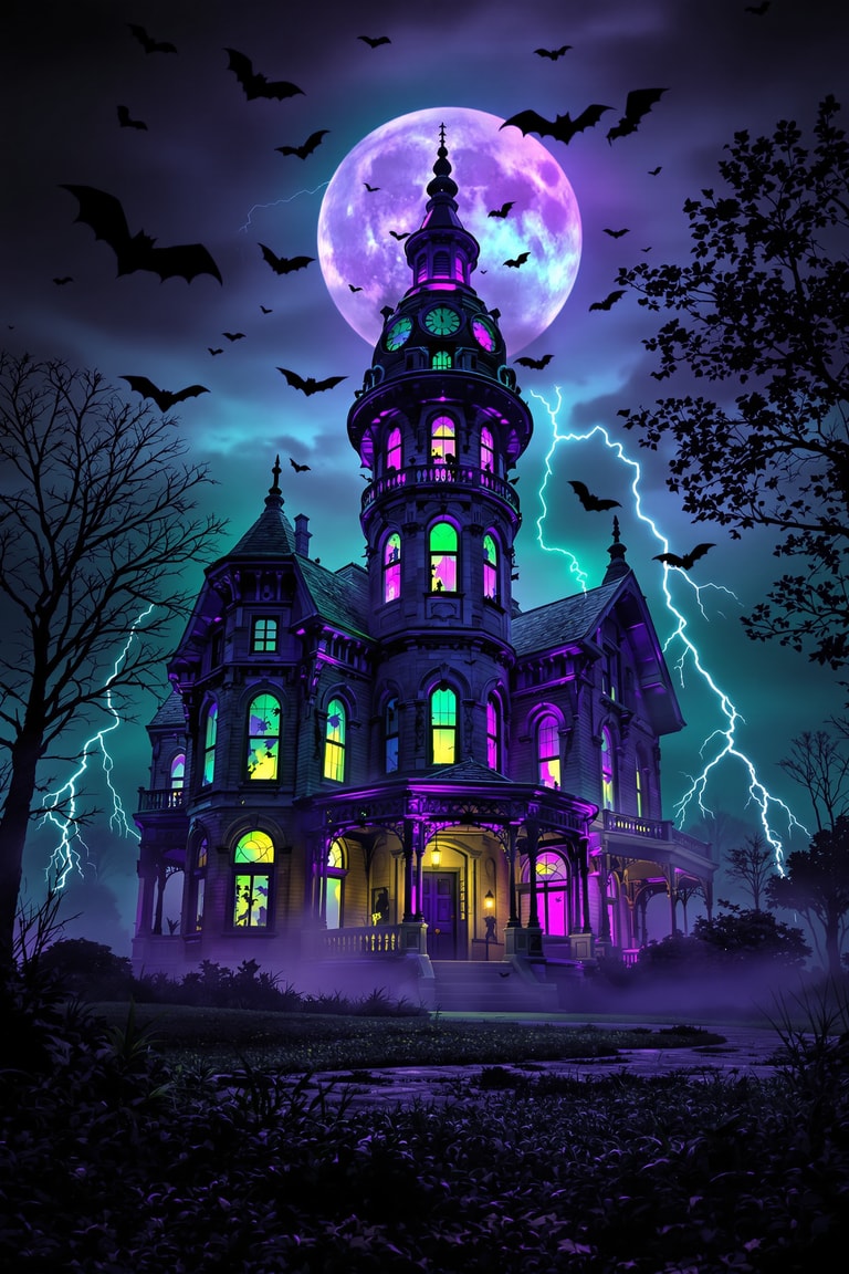 Neon Moonlit Haunted Victorian Mansion