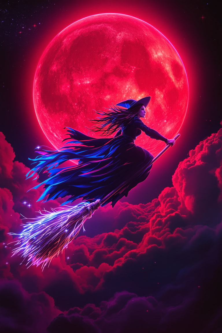 Witch Soaring Under Crimson Moon