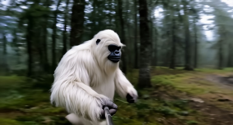 Albino Yeti Strides Through Mist
