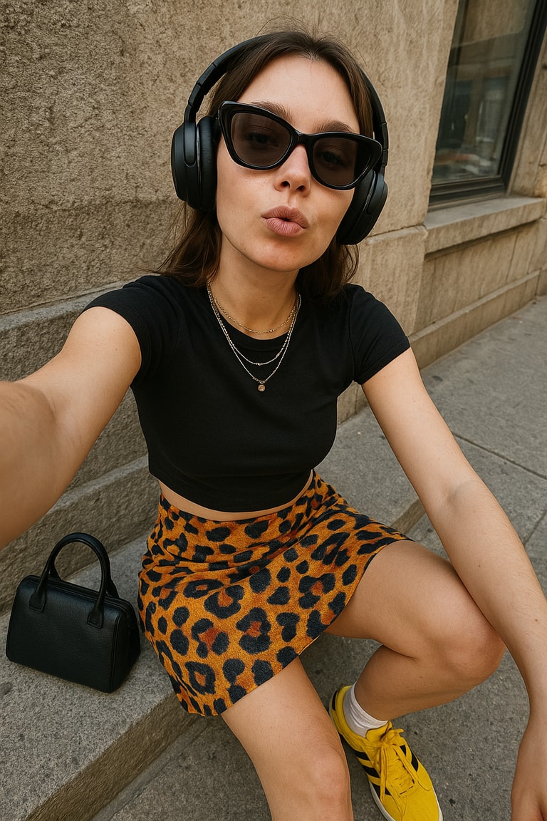 Leopard Skirt Sidewalk Selfie