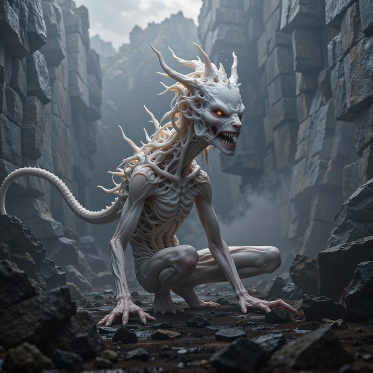 Pale Horror Amid Stone Ruins