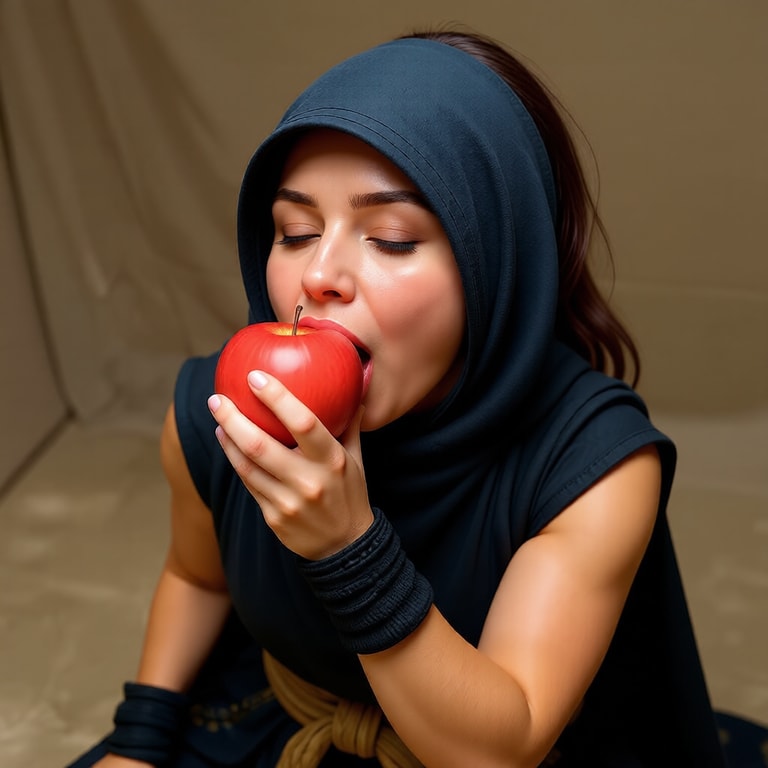 Hooded Woman Tastes Crimson Apple