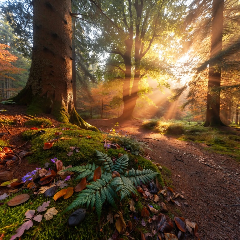 Sunbeams Through Mossy Woodland