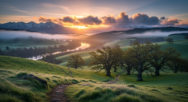 Sunset Over Misty Mountain Valleys