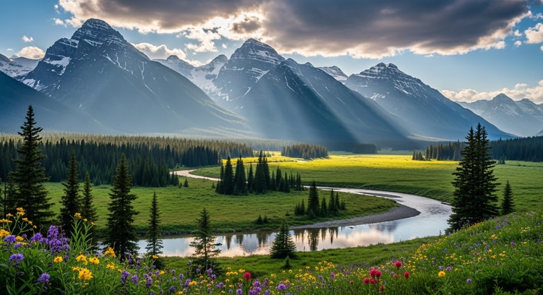 Sunbeams Over Alpine River Valley