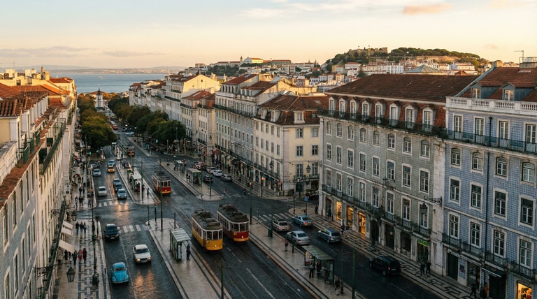 Golden Hour Over Lisbon's Trams