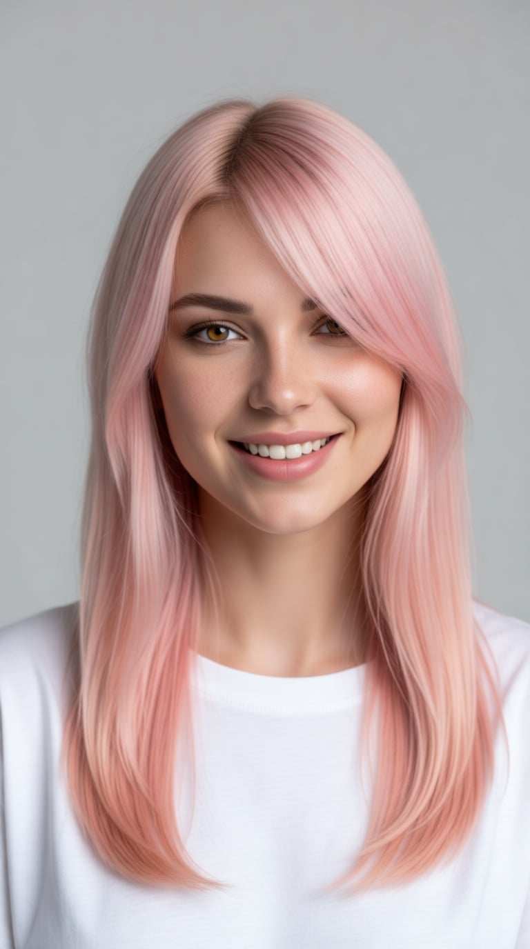 Amber Eyes Beneath Pastel Pink
