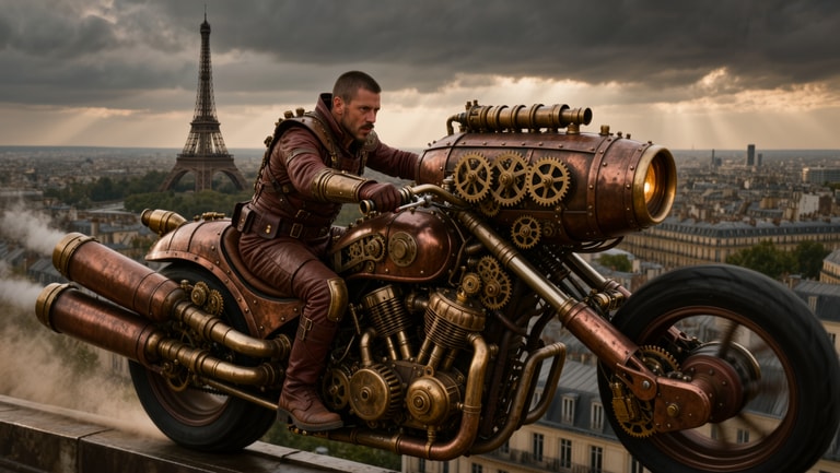 Steampunk Rider Over Paris Rooftops