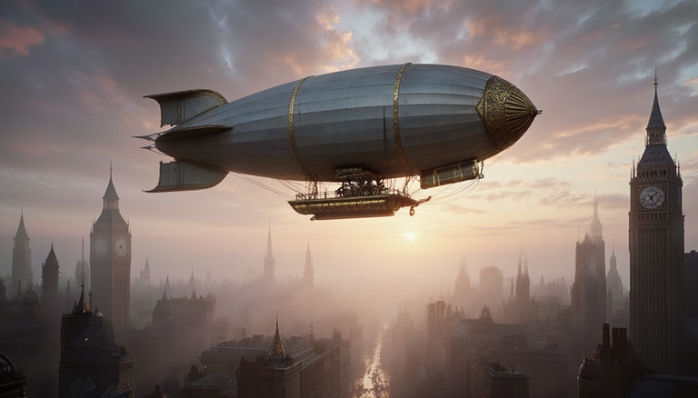 Steampunk Airship Over London Dusk